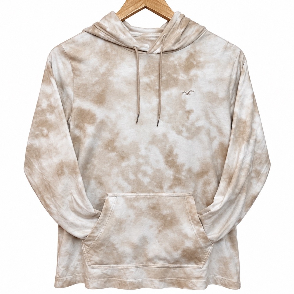 Hollister Hoodie Medium Beige Tie Dye 100% Cotton Lightweight Pullover Pocket